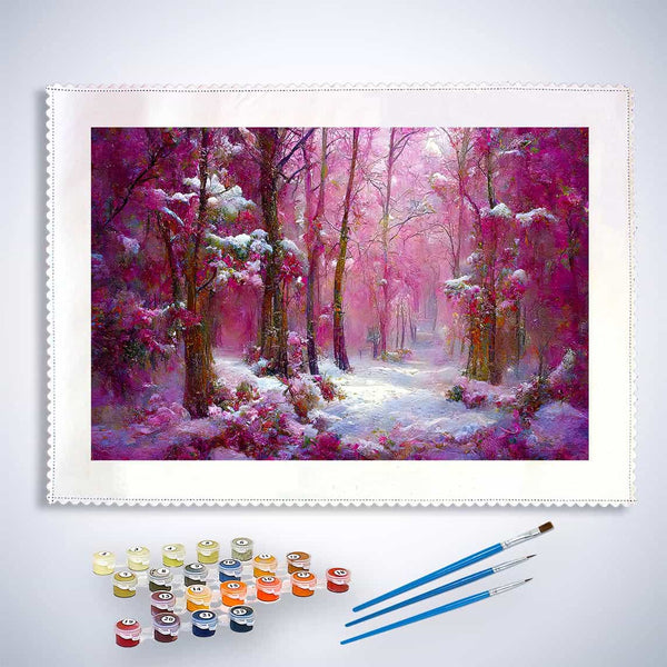 Malen nach Zahlen - Pinker Winterwald - hochwertige Leinwand - Abstrakt, Horizontal, Winter