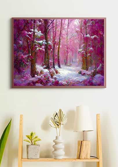 Malen nach Zahlen - Pinker Winterwald - hochwertige Leinwand - Abstrakt, Horizontal, Winter