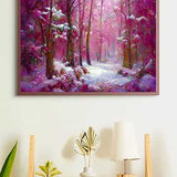 Malen nach Zahlen - Pinker Winterwald - hochwertige Leinwand - Abstrakt, Horizontal, Winter