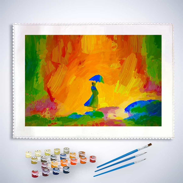 Malen nach Zahlen - Frau mit Sonnenschirm, Abstrakt - hochwertige Leinwand - Abstrakt, Horizontal, Menschen