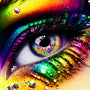 Vibrant colorful eye with shimmering makeup and sparkling details, perfect for diamond painting art projects.